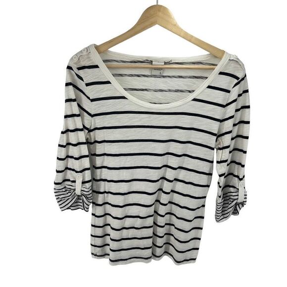 American Rag Women's Stripes Button Tab Sleeve Blouse Top White Black Size Large - Picture 10 of 10